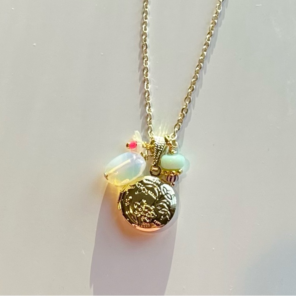 24k Gold filled Charm Necklace with Tiny Flower Locket. Blue opal & MOP flower